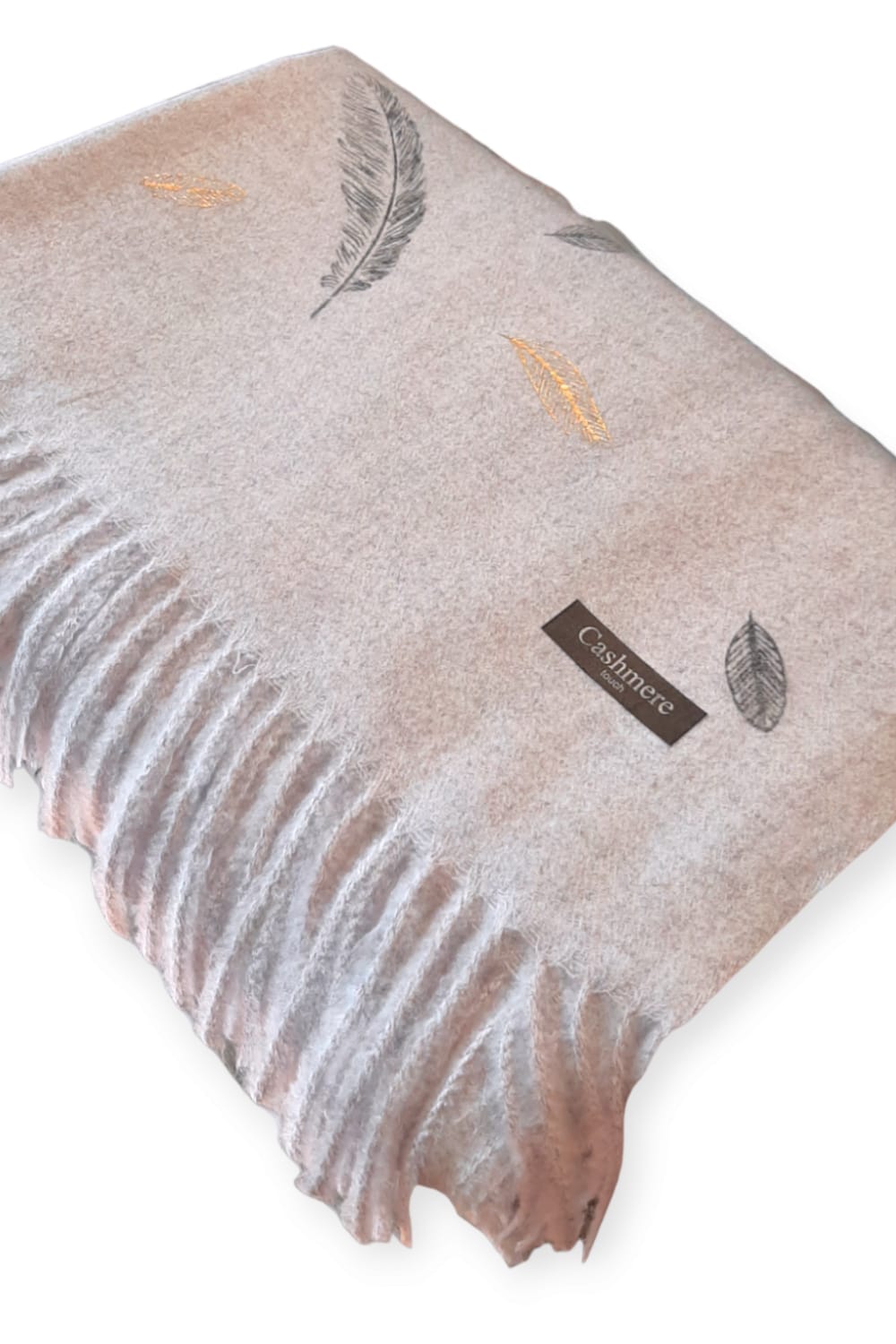 Vaaleanlila meleerattu cashmere -huivi sulkakuviolla
