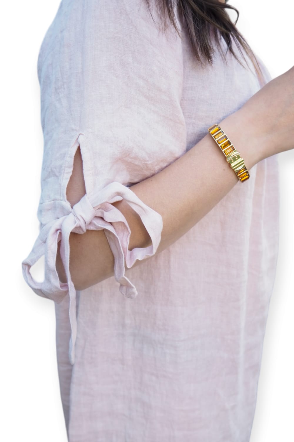 Vaaleanpunainen pellavatunika ruseteilla