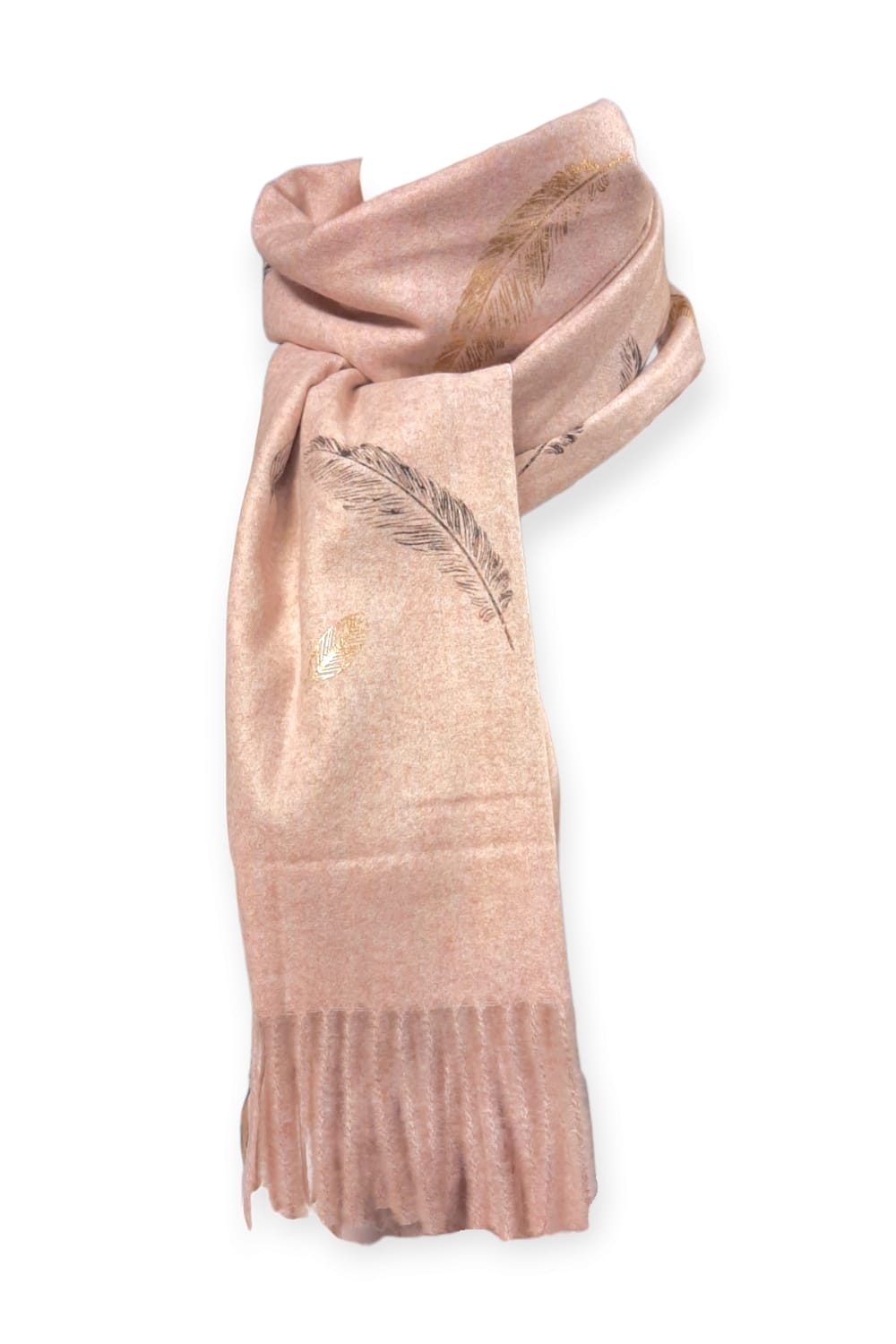 Pinkkimeleerattu cashmere -huivi sulkakuviolla