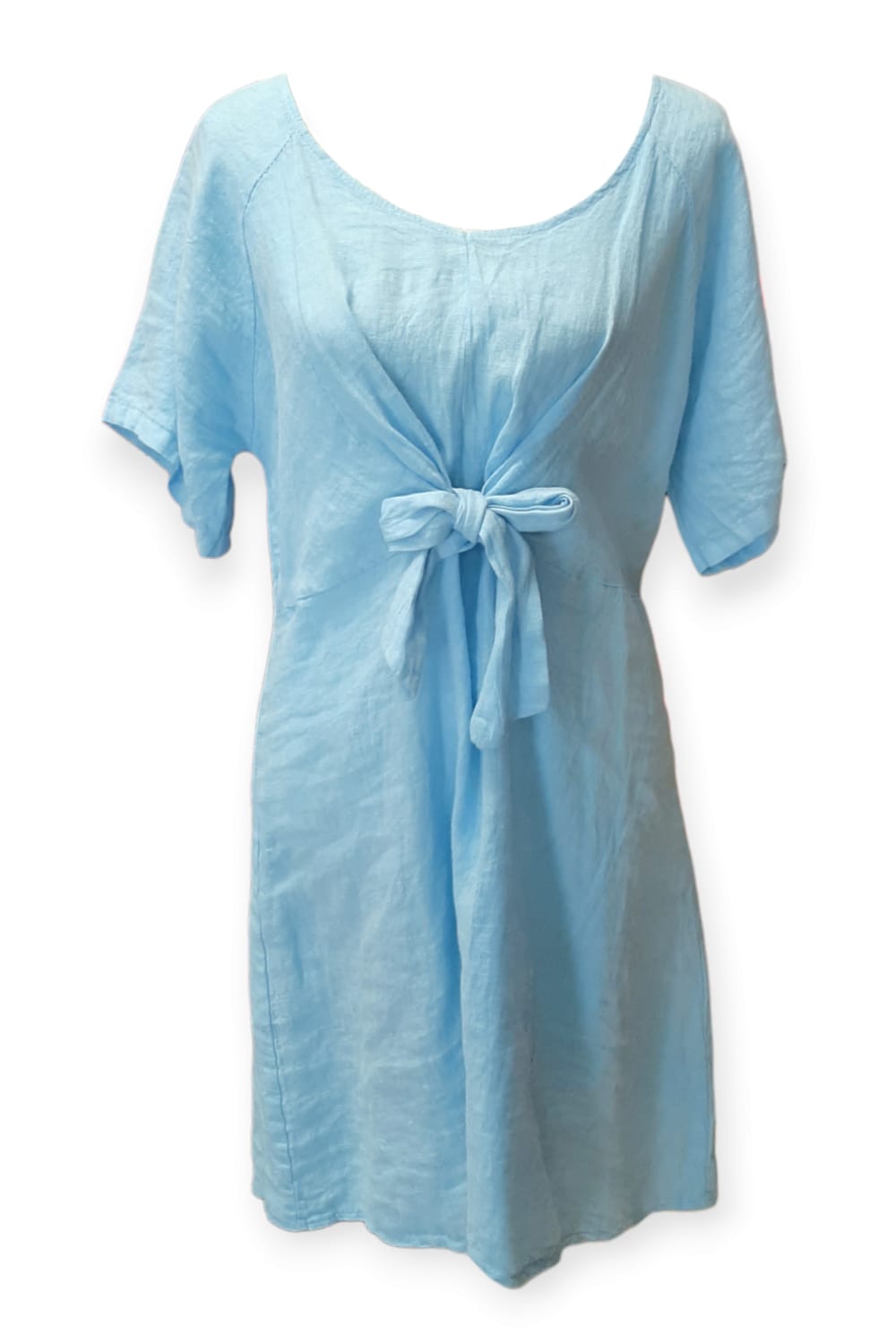 Vaaleansininen pellavatunika solmimisnauhoilla