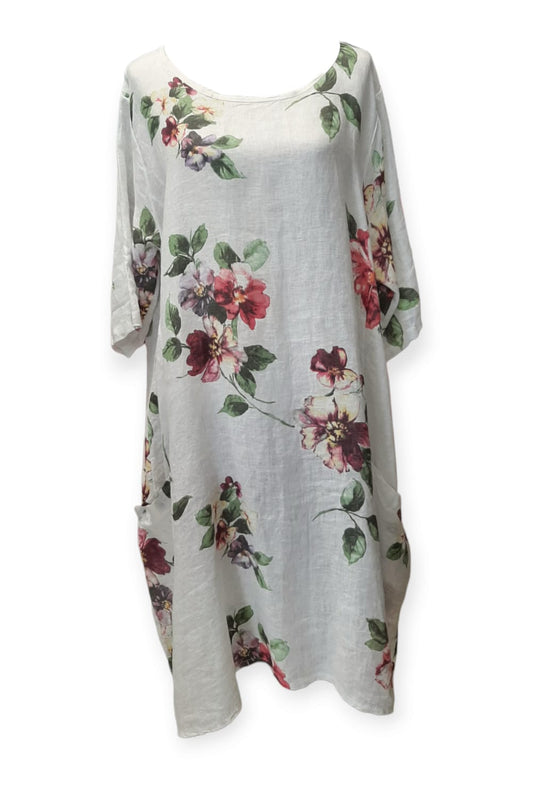 Kukkakuvioinen pellavamekko, valkoinen