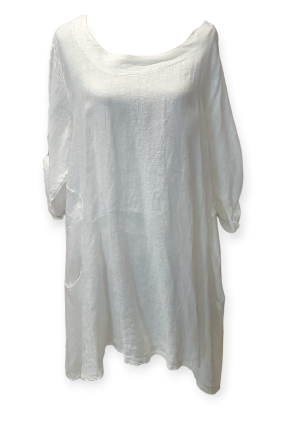 Valkoinen pellavatunika taskuilla