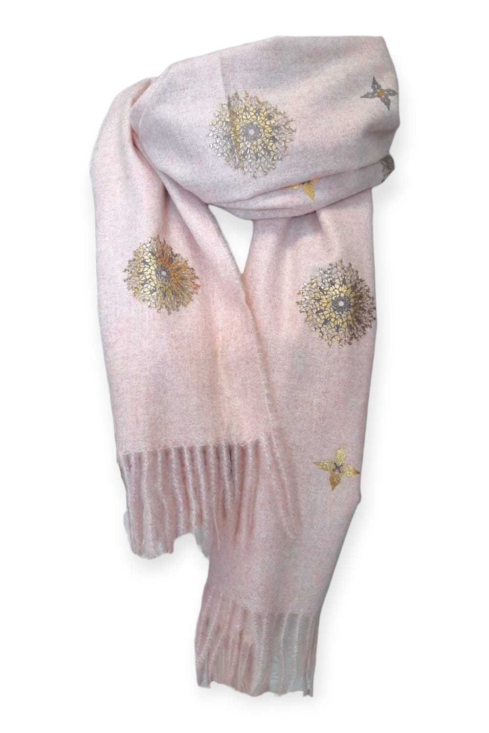 Pinkkimeleerattu cashmere -huivi hiutaleilla