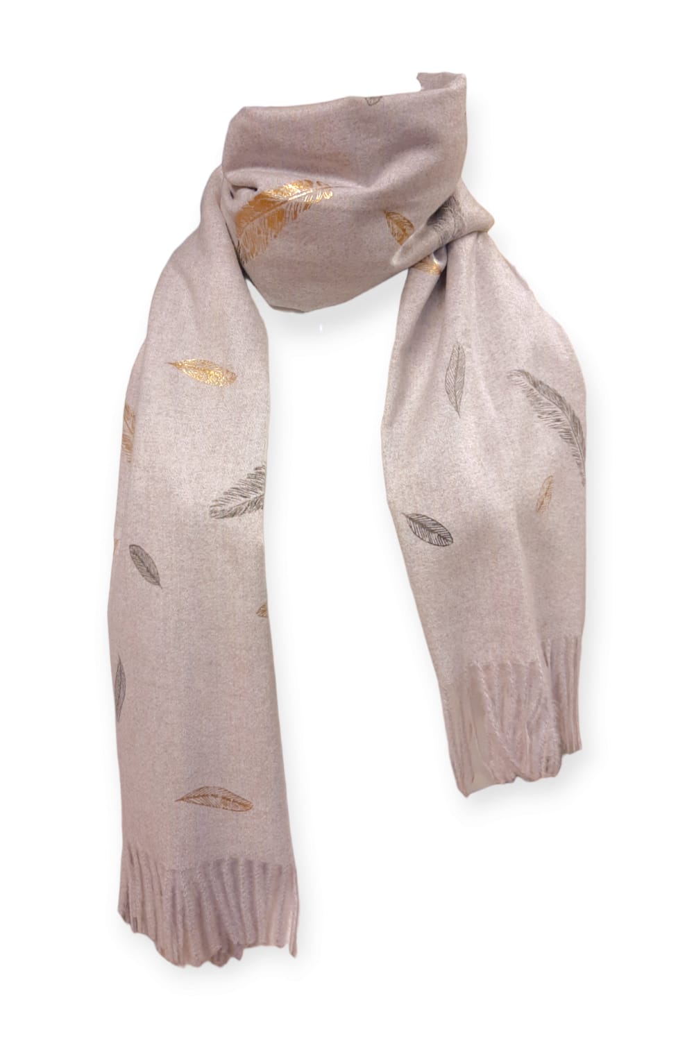 Vaaleanlila meleerattu cashmere -huivi sulkakuviolla