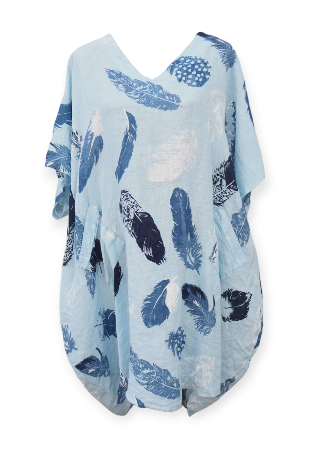 Pellavatunika sulkakuvioilla