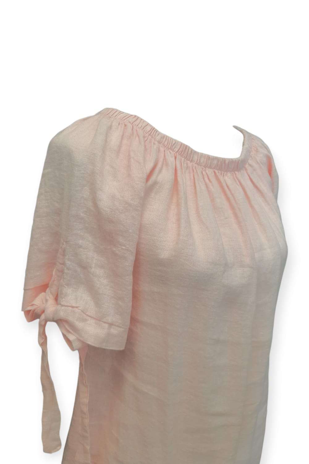 Vaaleanpunainen pellavatunika ruseteilla