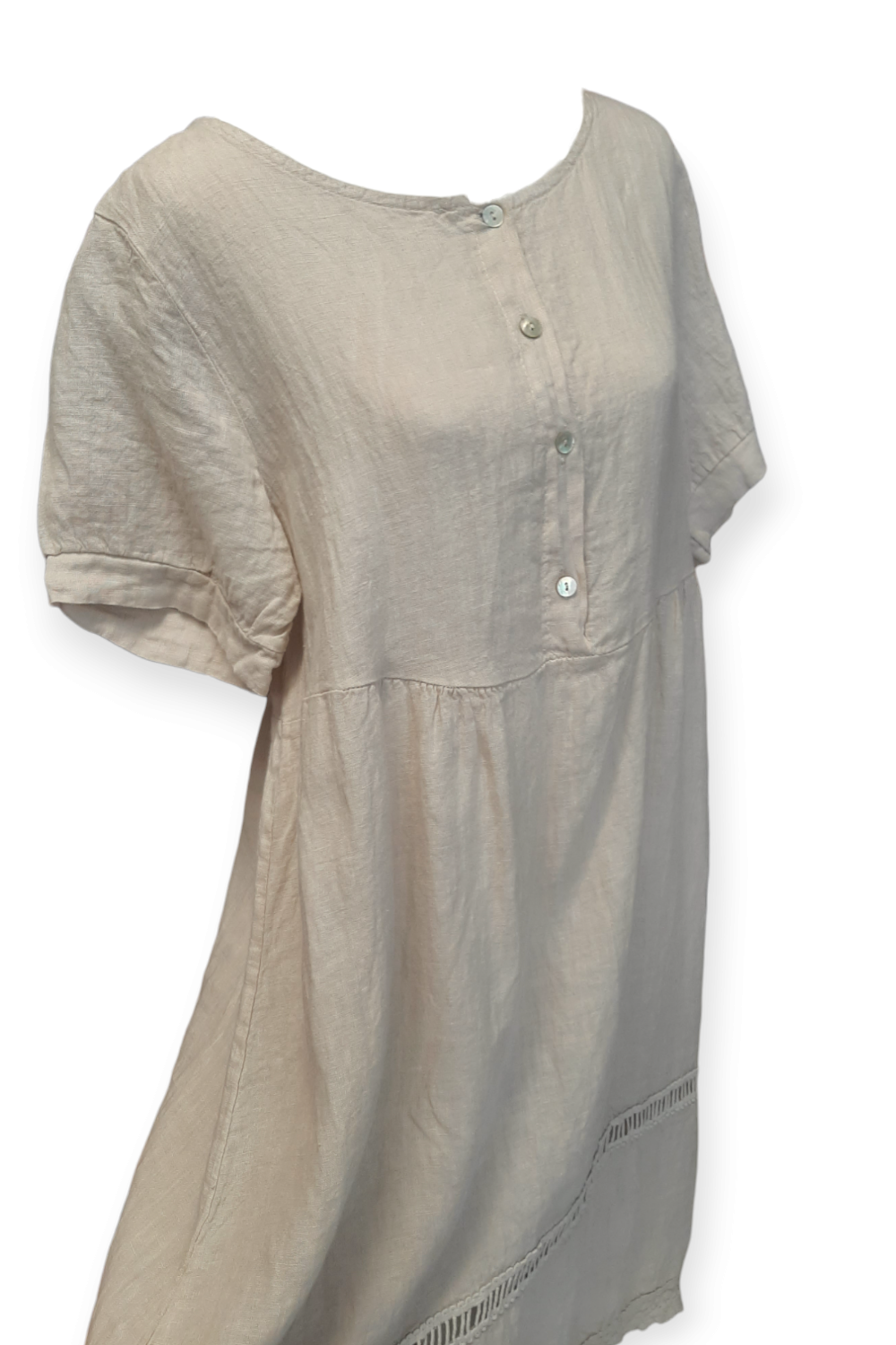 Beige pellavamekko pitsihelmalla