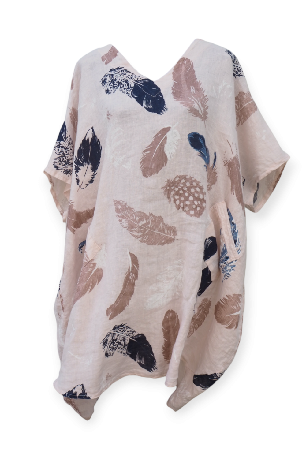 Pellavatunika sulkakuvioilla