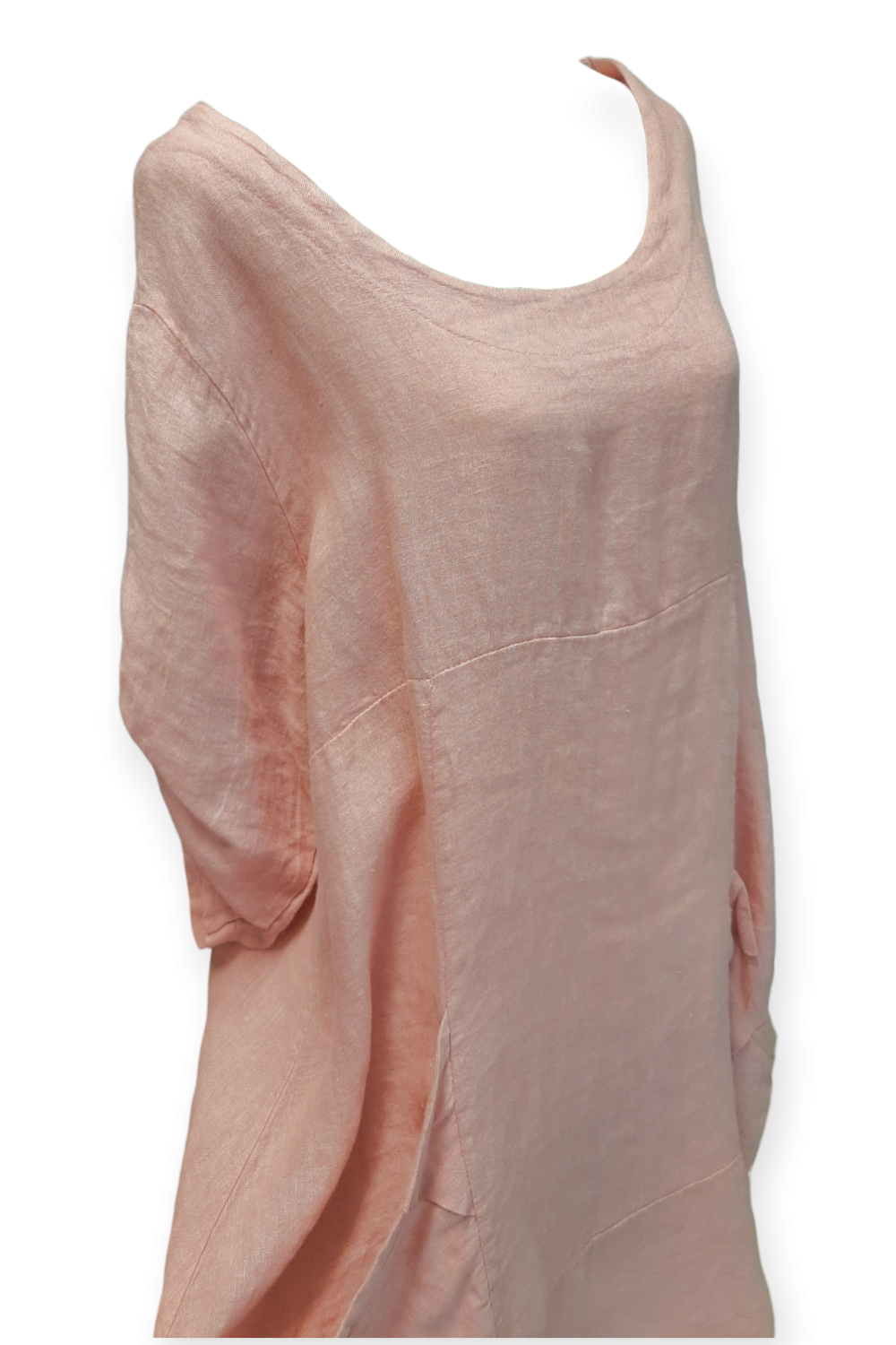 Vaaleanpunainen pellavatunika kaarevilla taskuilla