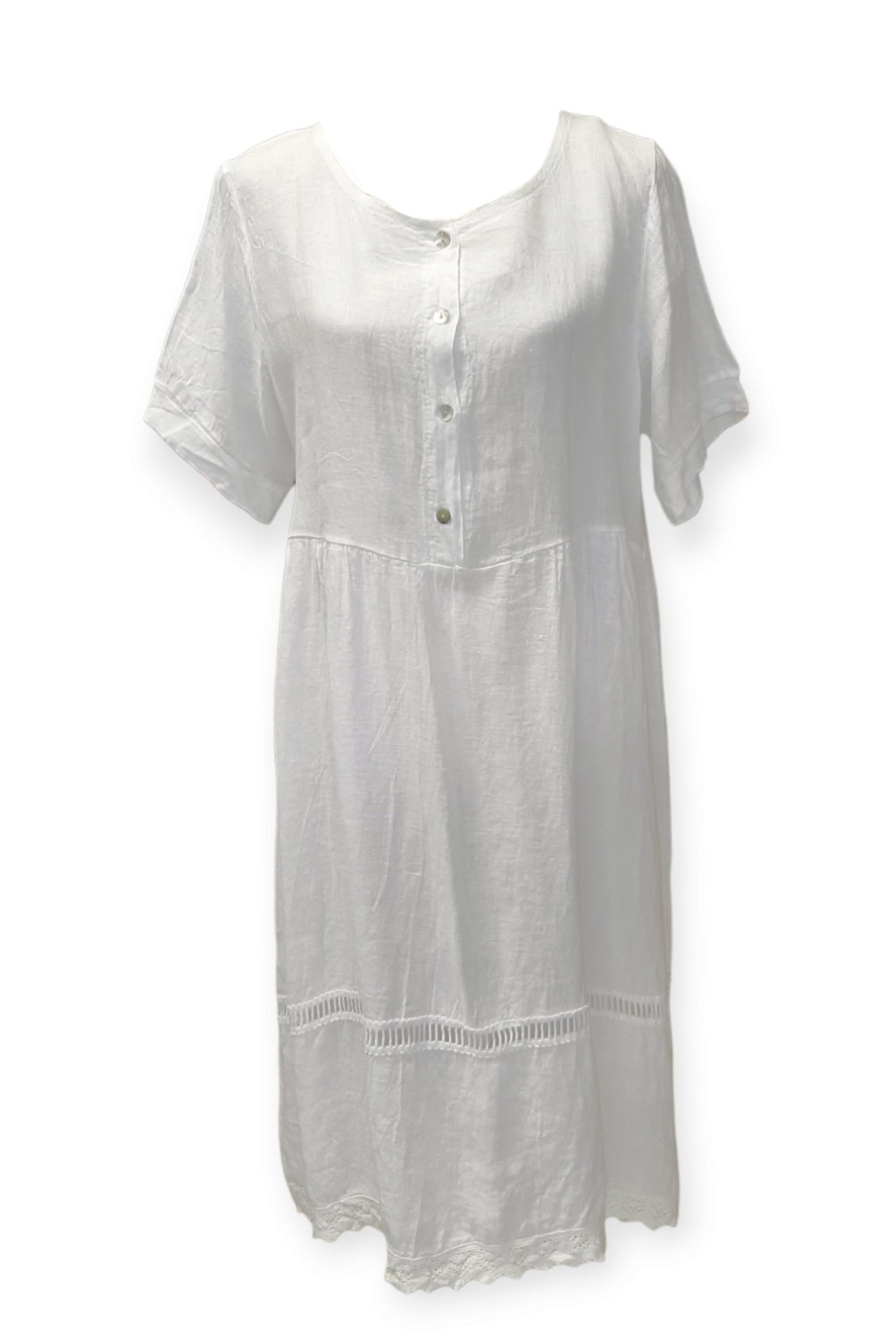 Valkoinen pellavamekko pitsihelmalla