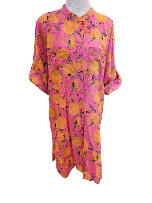 Sitruunakuvioinen puuvillamekko epäsymmetrisellä helmalla, useita värejä