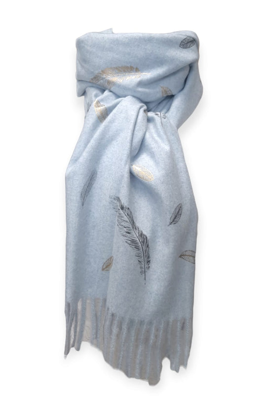 Sinimeleerattu cashmere -huivi sulkakuviolla