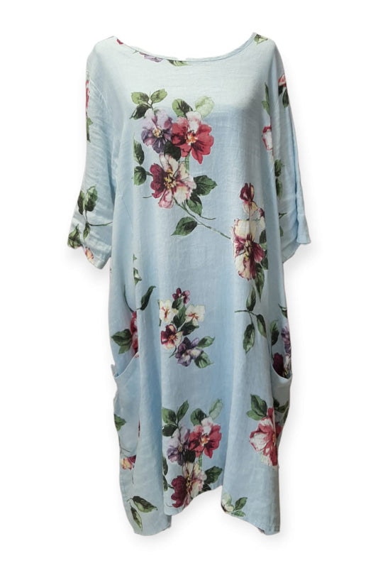 Kukkakuvioinen pellavamekko, vaaleansininen