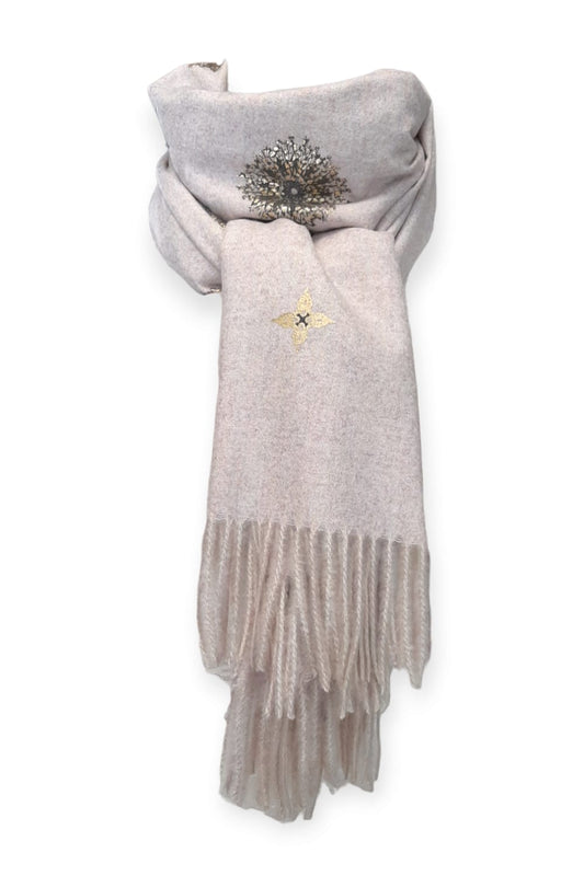 Vaaleanlilameleerattu cashmere -huivi hiutaleilla