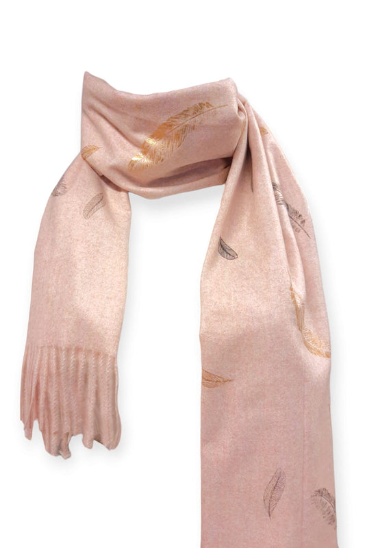 Pinkkimeleerattu cashmere -huivi sulkakuviolla