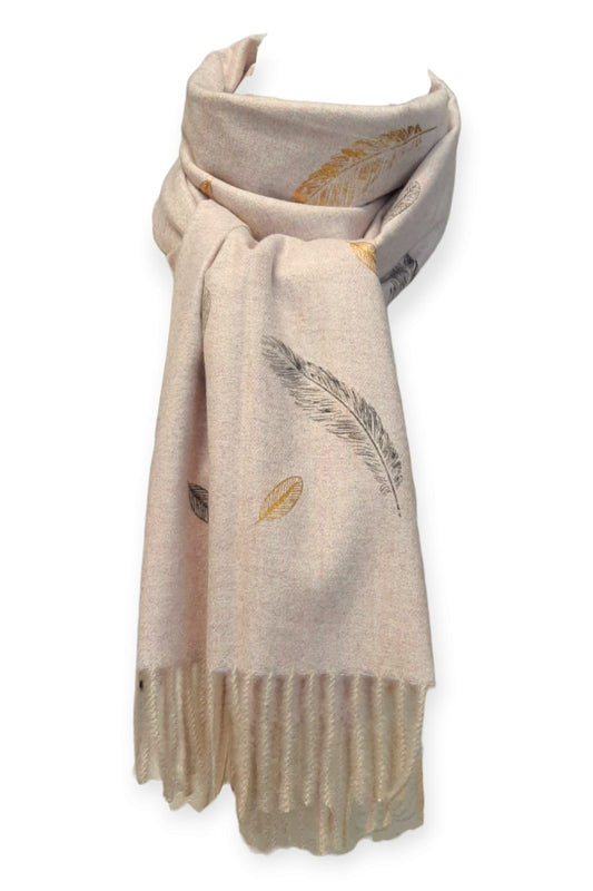 Vaaleanpunameleerattu cashmere -huivi sulkakuviolla