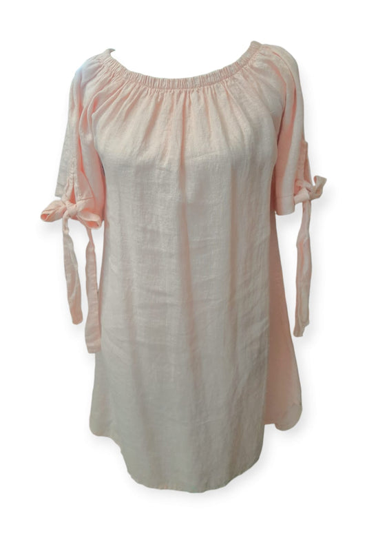 Vaaleanpunainen pellavatunika ruseteilla
