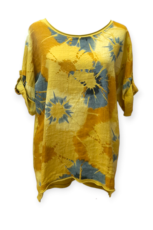 Keltainen solmuvärjätty pellavapaita