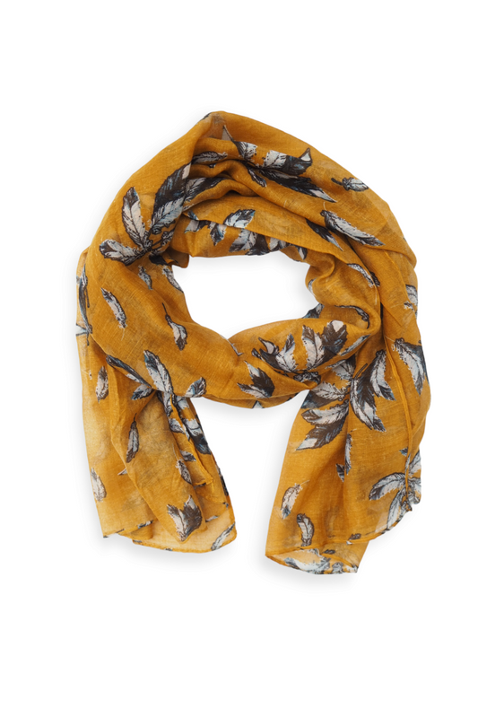 Viskoosihuivi sulkakuviolla, keltainen