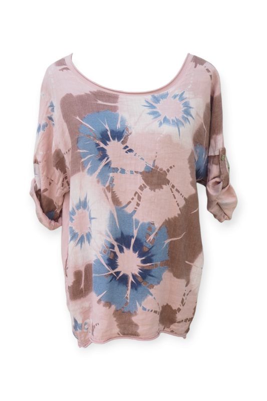 Vaaleanpunainen solmuvärjätty pellavapaita