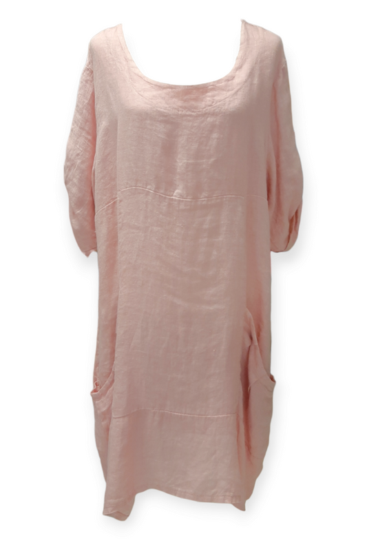 Vaaleanpunainen pellavatunika kaarevilla taskuilla