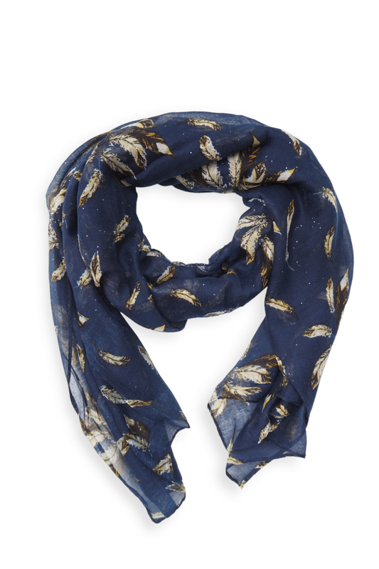 Viskoosihuivi sulkakuviolla sininen