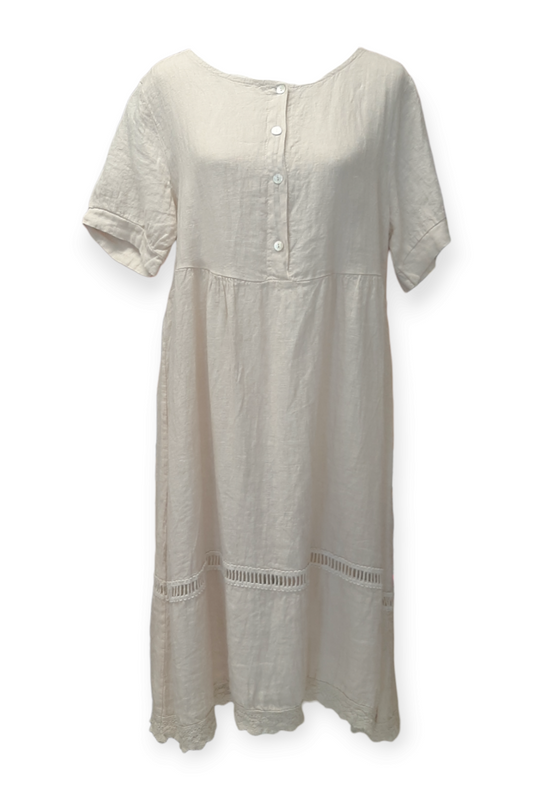 Beige pellavamekko pitsihelmalla