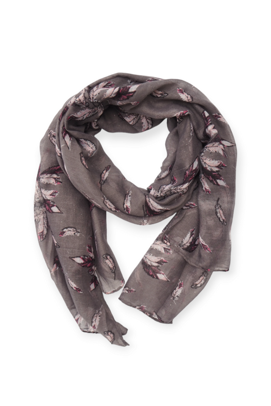 Viskoosihuivi sulkakuviolla, harmaa